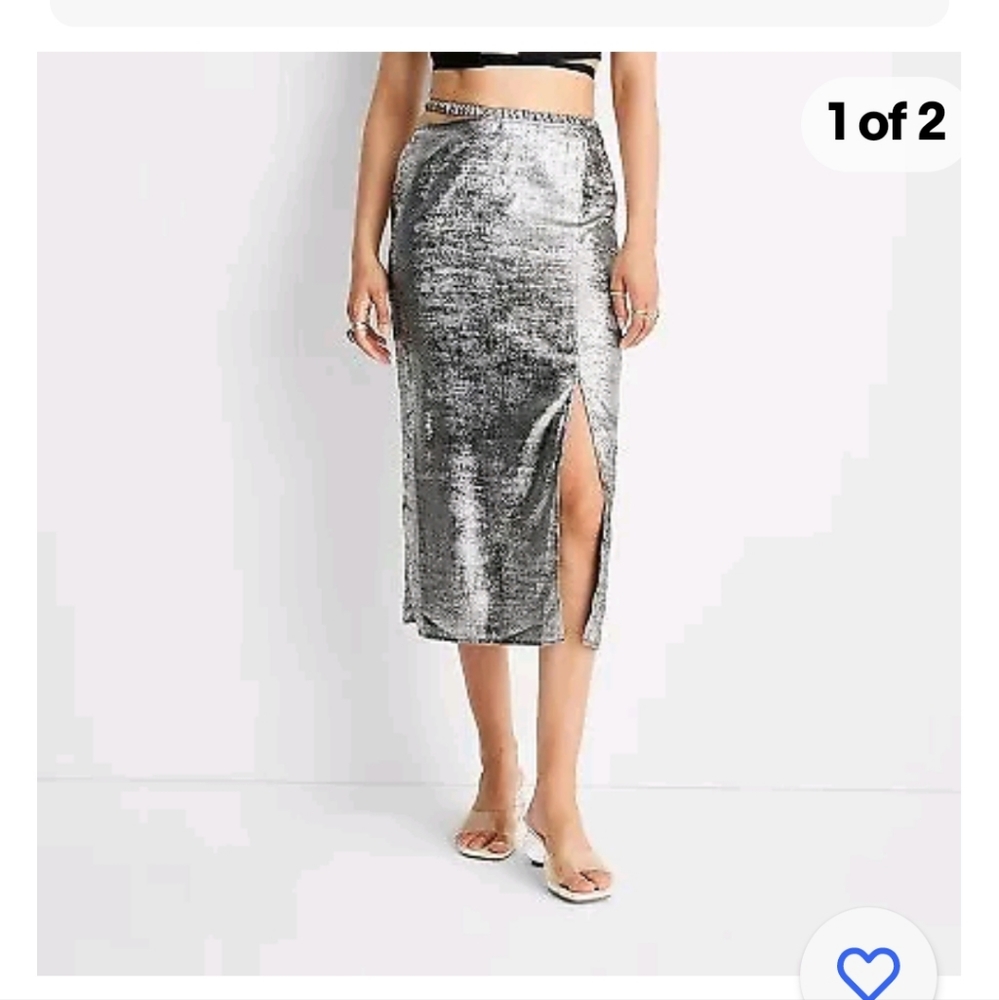 Metalic Silver Side Cut Out Midi Skirt Size 12
